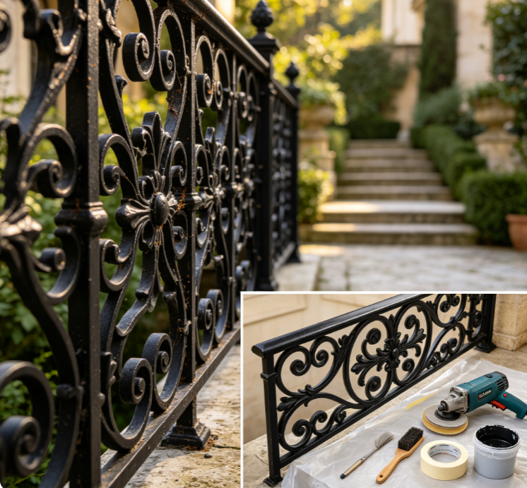 Precision On-Site Refurbishment for Ornate, Openwork Wrought Iron Fencing